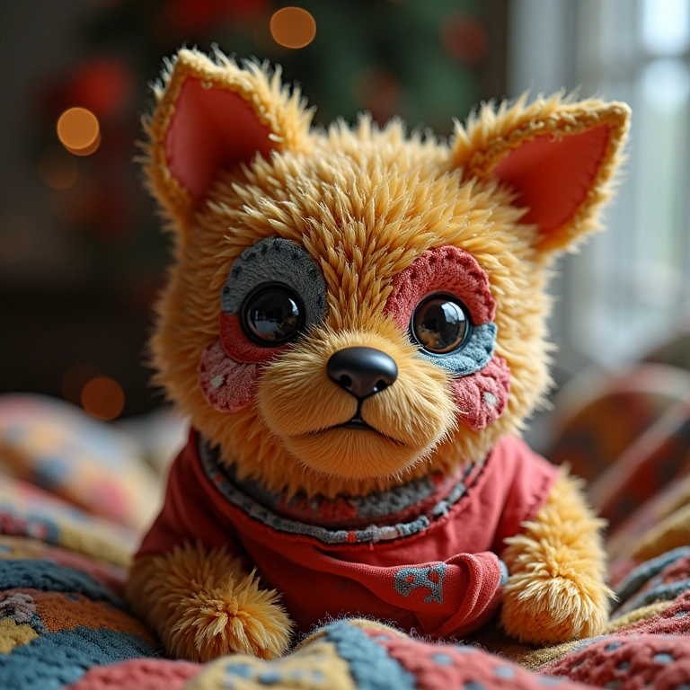 Colcha de patchwork em amigurumi feita de tecidos reciclados.