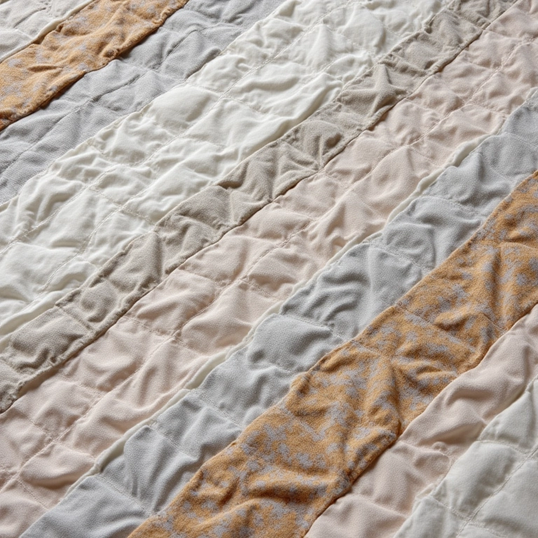 Colcha 'jelly roll' feita com algodão e linho, mostrando a textura.