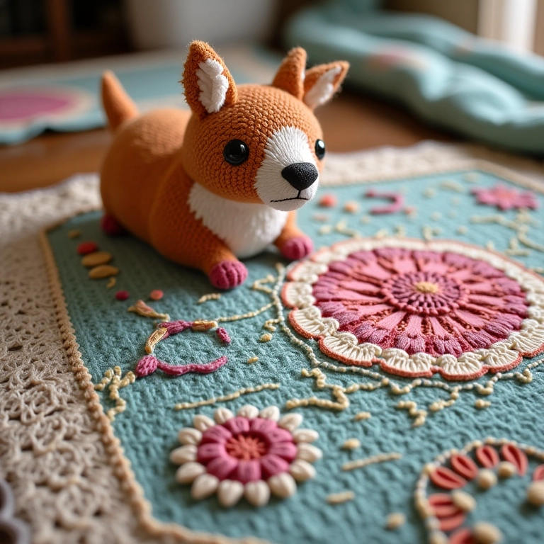 Colcha patchwork de crochê com detalhes em fuxico.