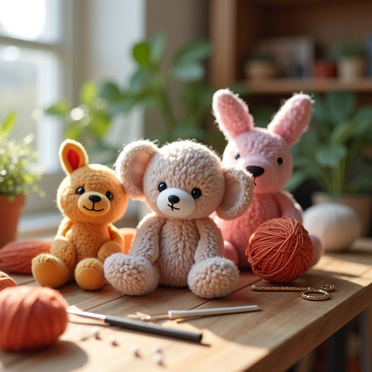 Coleção de amigurumis coloridos em mesa de artesanato.