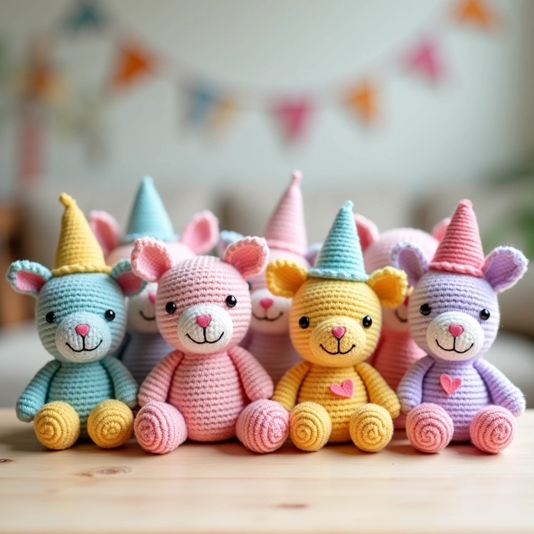 Coleção de amigurumis coloridos para lembrancinha de 1 ano.