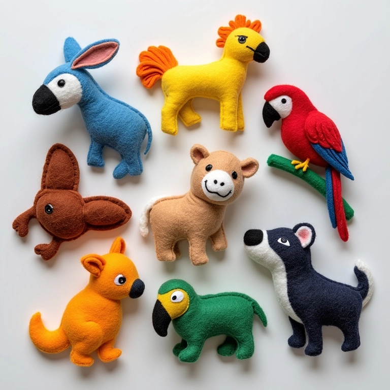 Coleção de chaveiros de feltro com temas de animais da fauna brasileira em cores vibrantes.