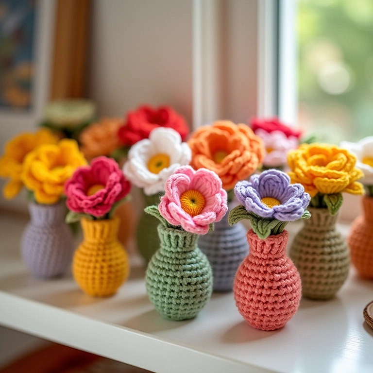 Coleção de mini vasos individuais de flores de crochê em prateleira.