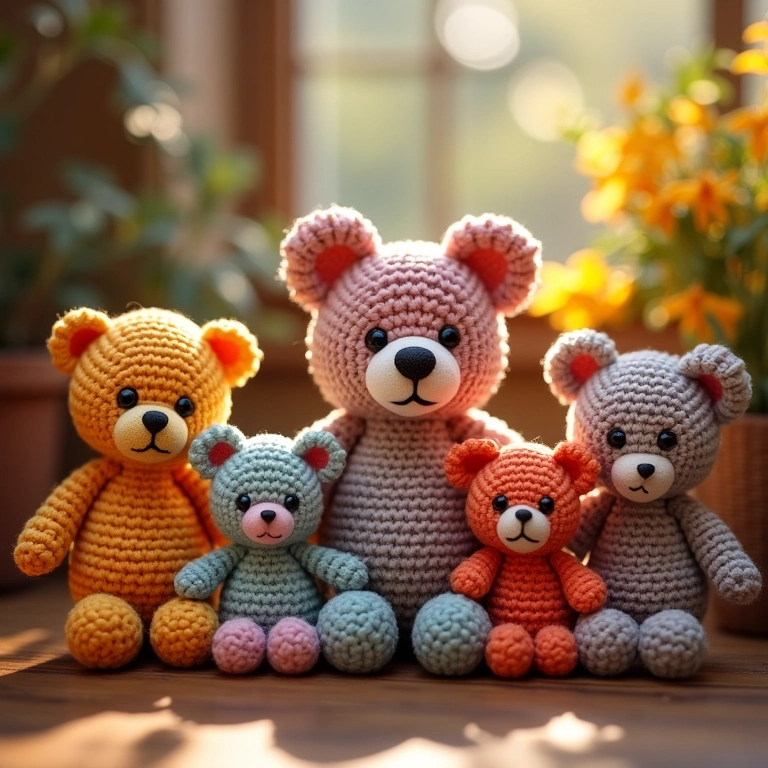 Coleção de ursos amigurumi de crochê.
