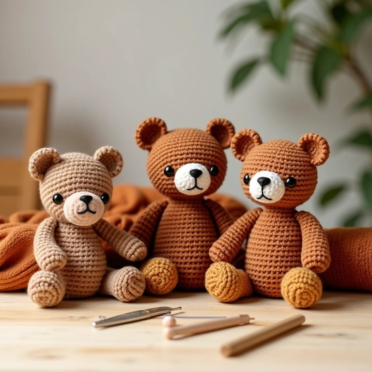 Coleção de ursos de crochê amigurumi em tons de marrom.