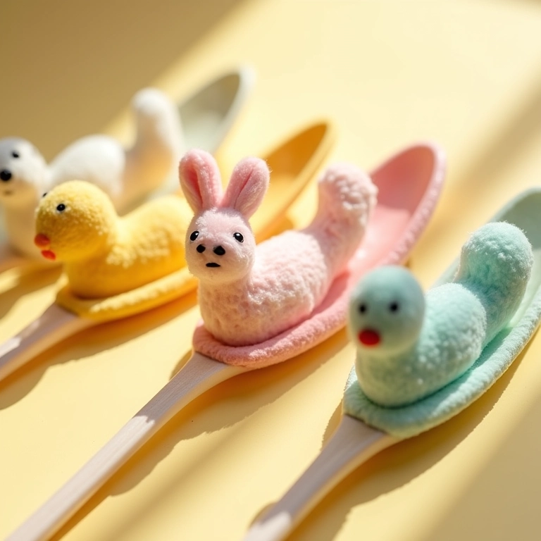 Colheres decoradas com biscuit de amigurumi para lembrancinha de batizado.