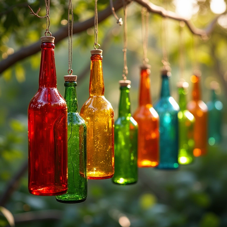 Colorful glass bottle ornaments hanging in a garden, vibrant colors, natural lighting, 8K quality, Enfeites coloridos de garrafas penduradas no jardim.