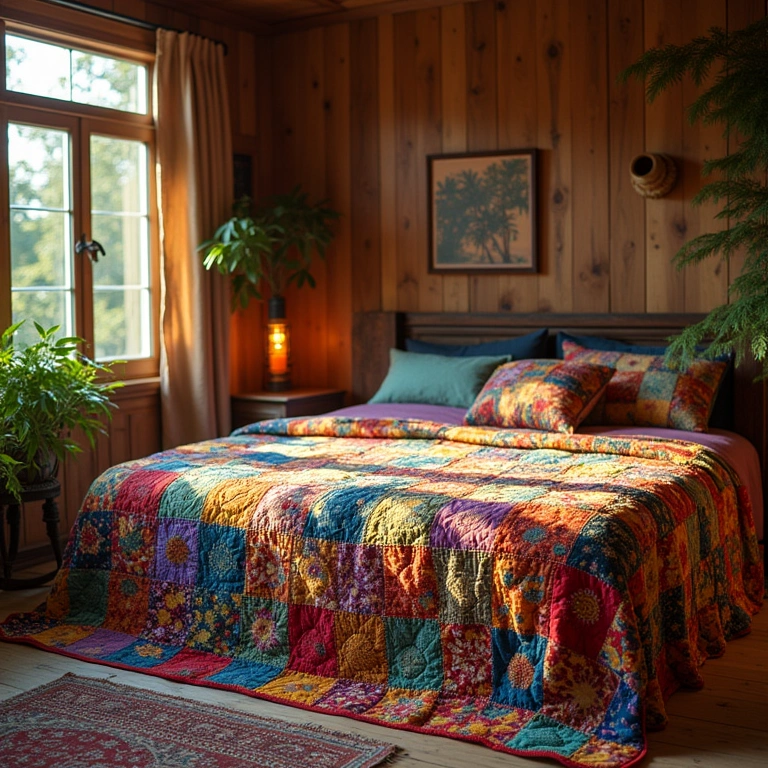 Colorful patchwork quilt, Brazilian design elements, natural lighting, cozy atmosphere, Colcha de patchwork colorida com design brasileiro.