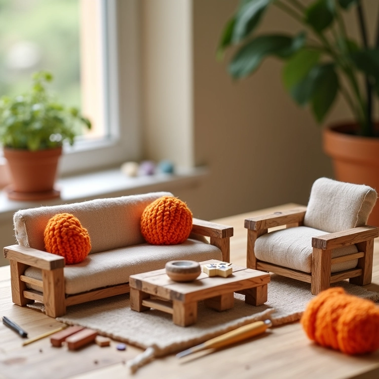 Conjunto de amigurumis de móveis de pallet em miniatura: sofá, cama e mesa.
