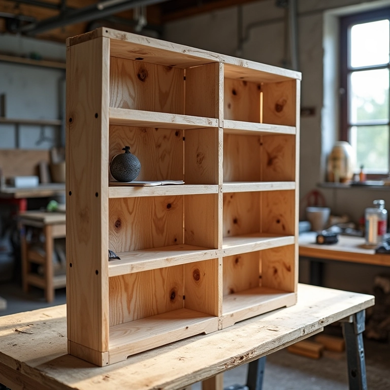Construção de estante de pallets em oficina iluminada, mostrando o processo.