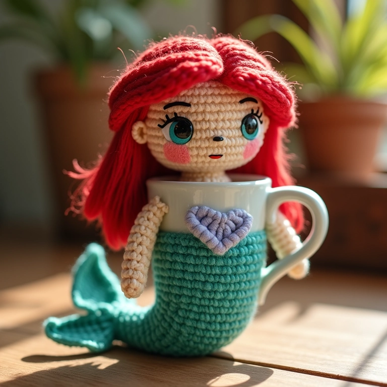Copo personalizado com imagens da Ariel em crochê.