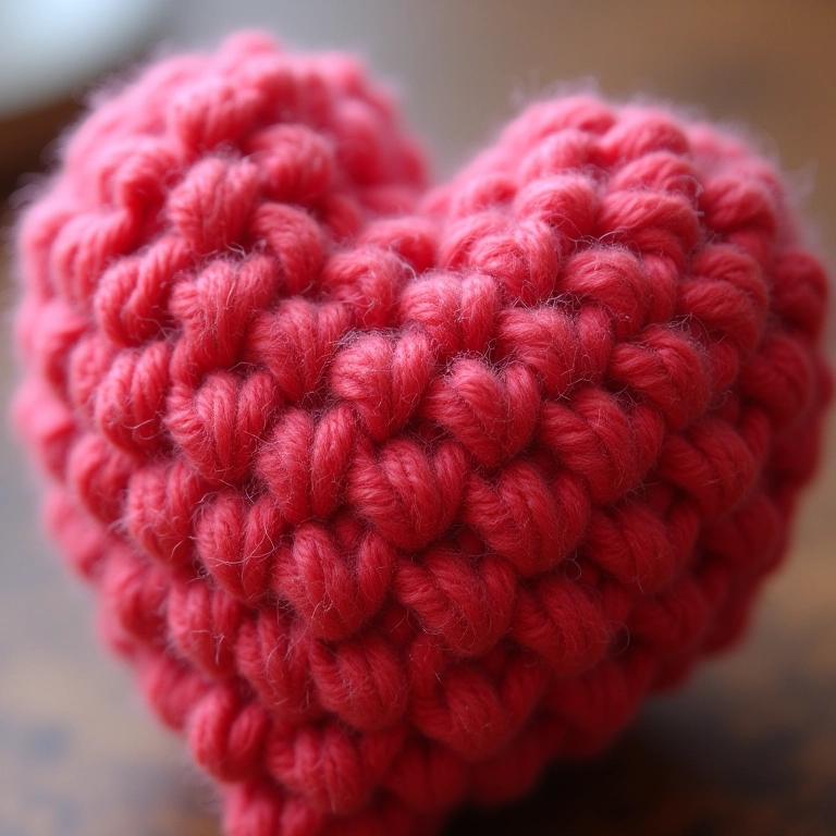 Coração de crochê com ponto relevo frontal, detalhe da textura.