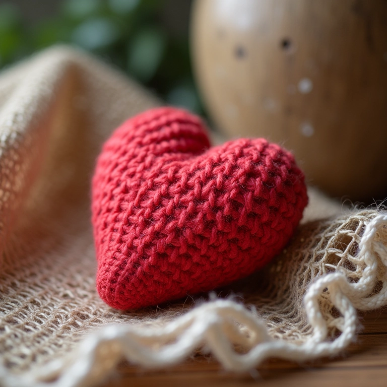 Coração de crochê em decoração rústica.