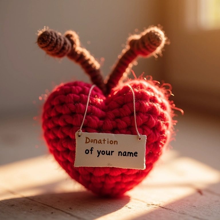 Coração de crochê representando uma doação para uma causa.