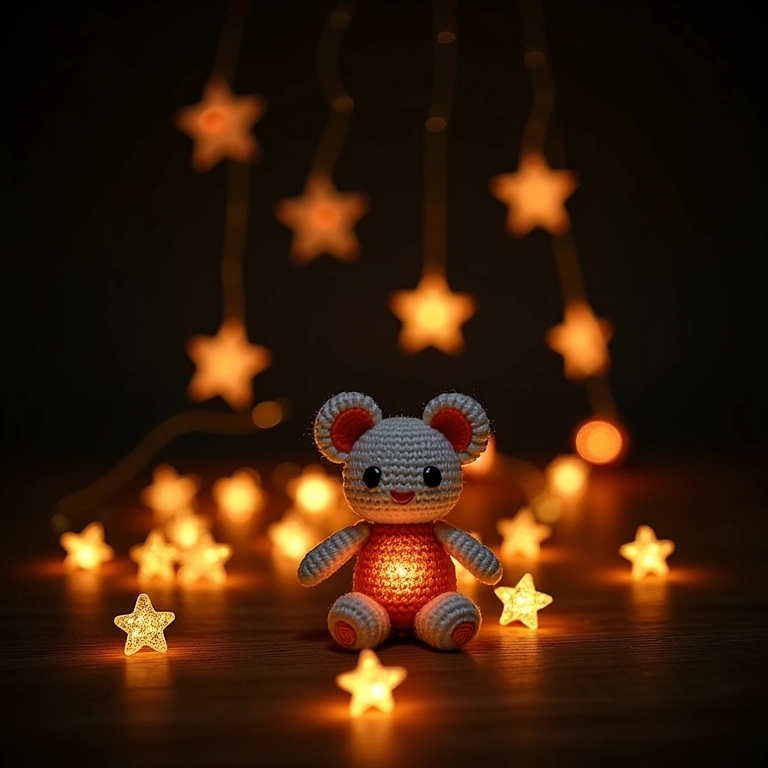 Cordão de luzes de crochê com estrelas e luas para iluminação rústica.