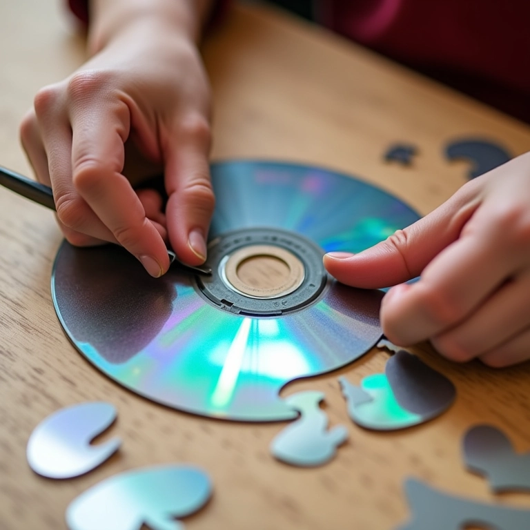 Cortando CD para artesanato com crochê.
