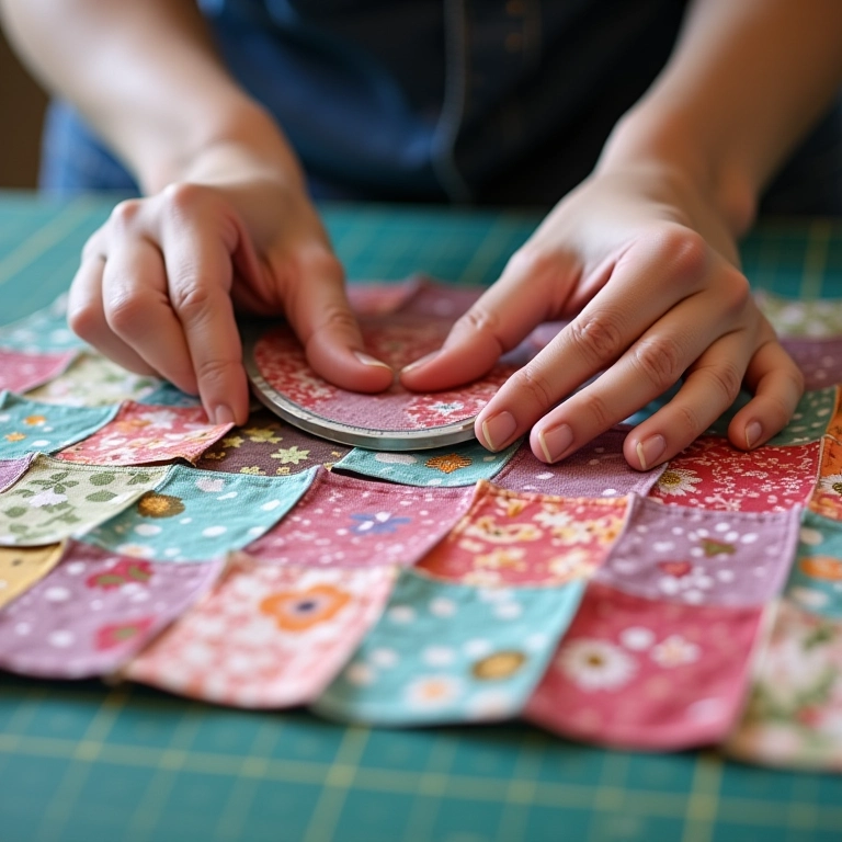Cortando o painel de 'jelly roll' em seções com um cortador rotativo e base de corte.