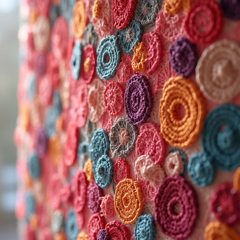 Cortina de amigurumi feita com segmentos de CDs reciclados.