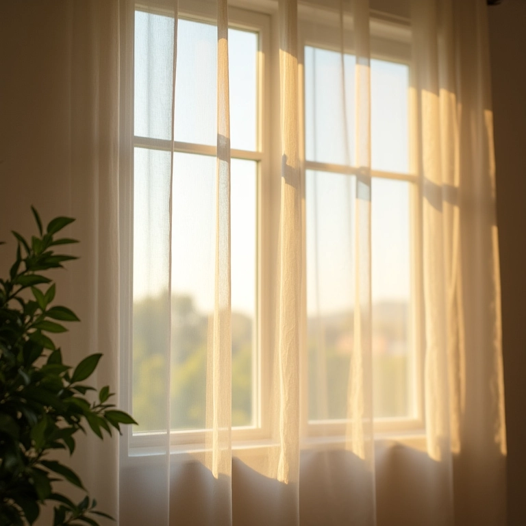 Cortina delicada de CDs decorando janela, luz natural suave.