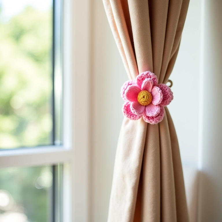 Cortinas charmosas com detalhes de flores de feltro em amigurumi.