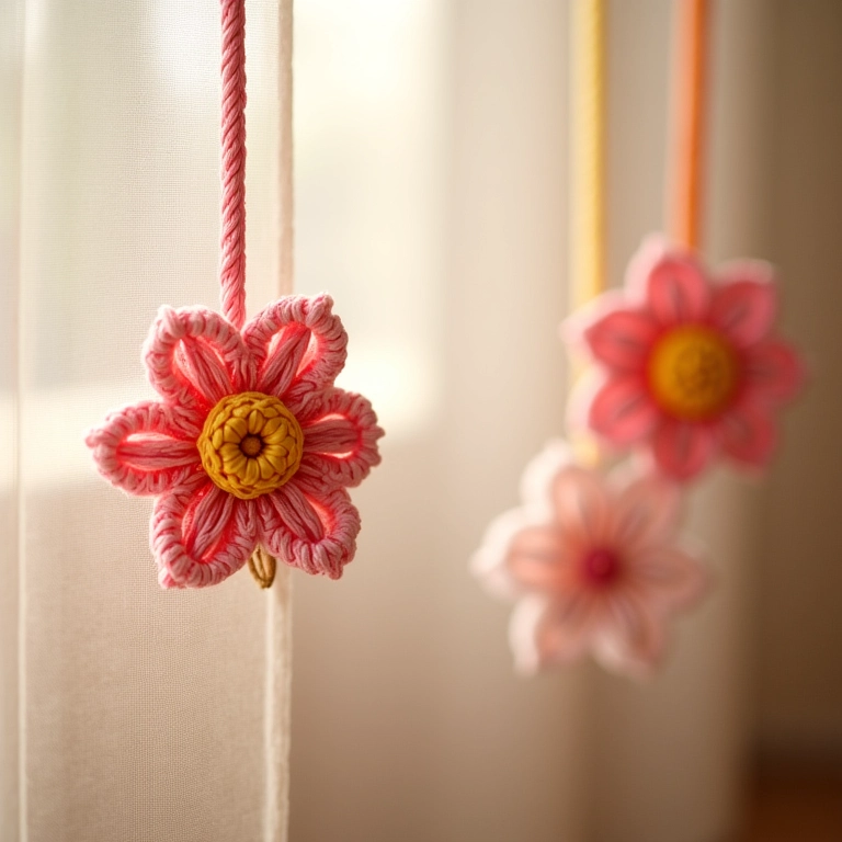 Cortinas украшенияdas com flor de fita de cetim amigurumi.