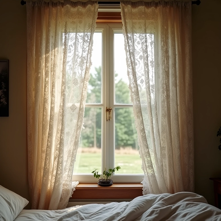 Cortinas originais feitas com retalhos de renda e crochê.