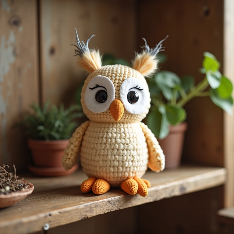 Coruja de amigurumi sentada em prateleira de madeira rústica.