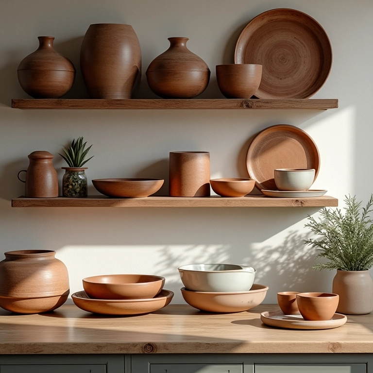 Cozinha rústica com cerâmicas artesanais em tons terrosos e detalhes em madeira.