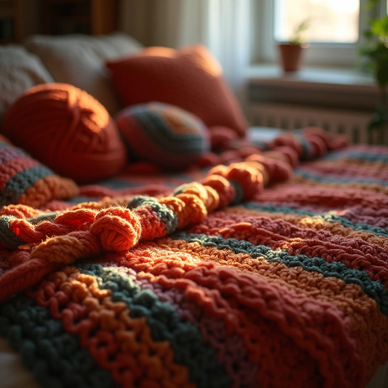 Cozy crocheted blanket, colorful yarn, natural light, warm atmosphere, professional photography, 8K Manta de crochê aconchegante com fios coloridos.