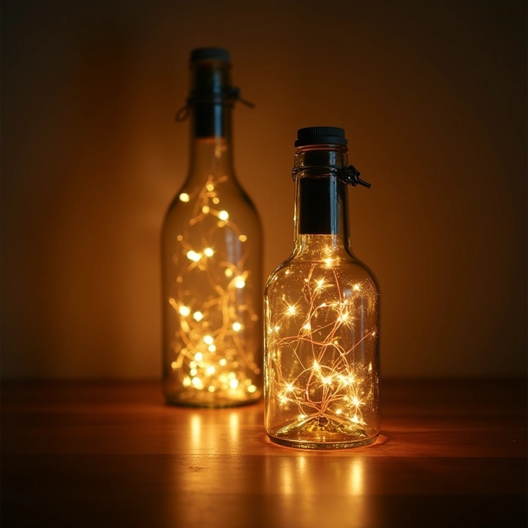 Cozy glass bottle lamps with fairy lights inside, warm natural lighting, 8K quality, sharp focus, Luminárias aconchegantes feitas com garrafas e pisca-pisca.