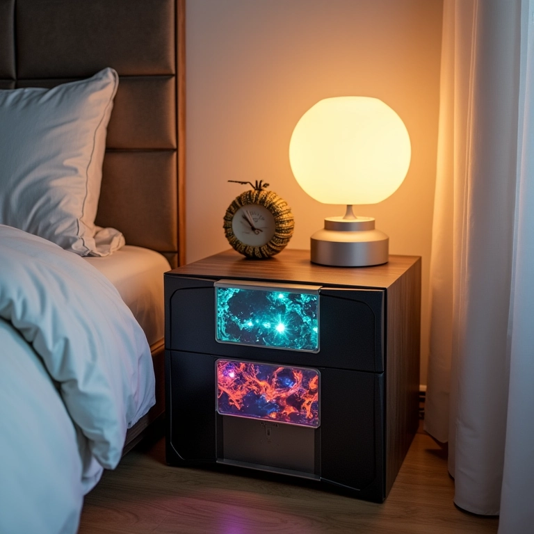 Criado-mudo criativo feito com disquetes antigos.