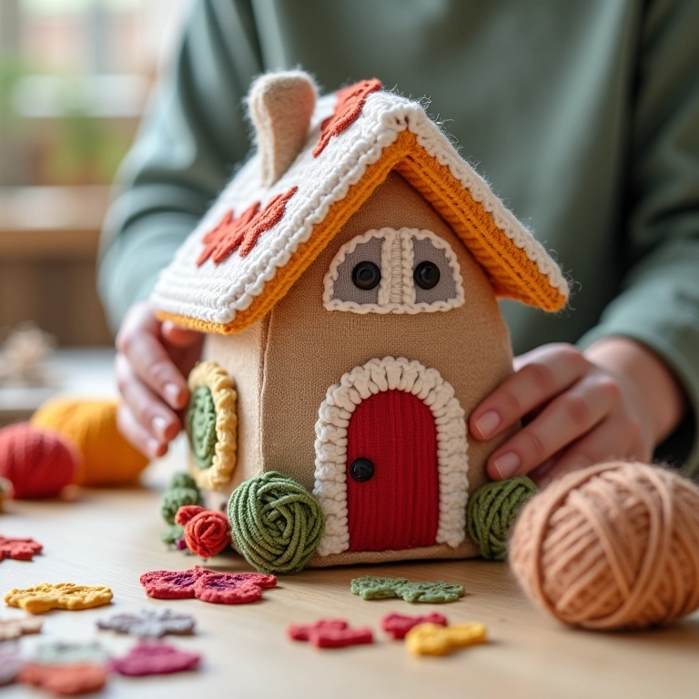 Customização da casinha de amigurumi com detalhes coloridos.