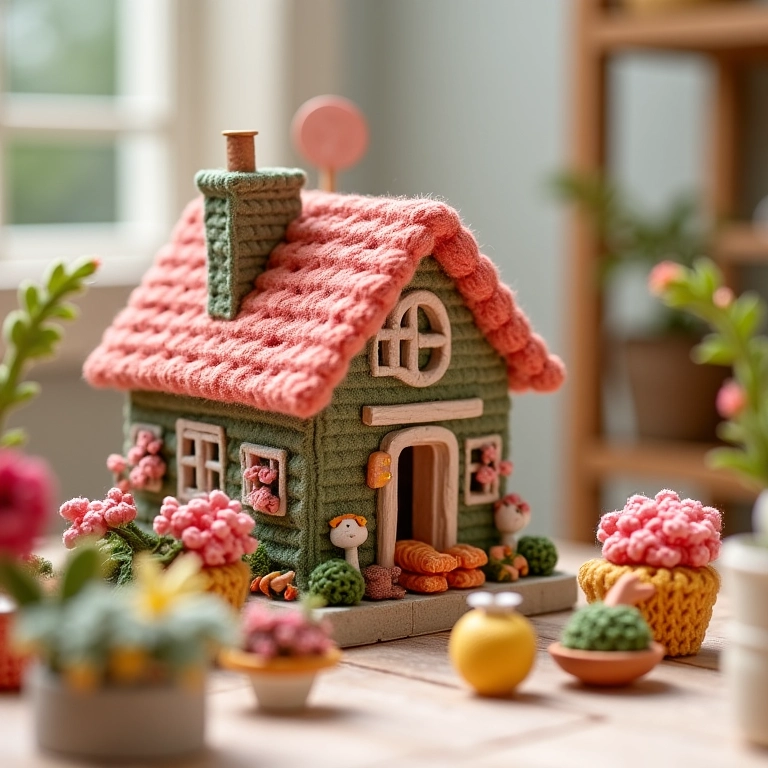 Decoração da casinha de amigurumi com flores e miniaturas.