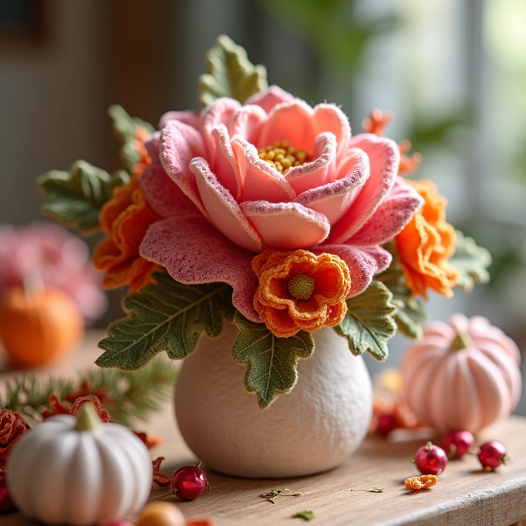 Decoração de mesa natalina com flores de feltro em amigurumi.