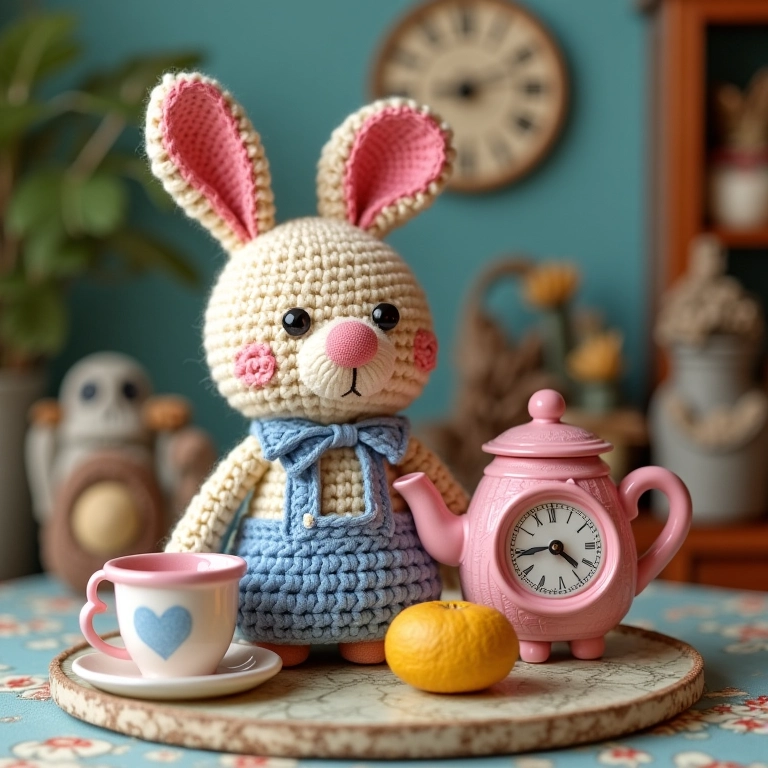 Decoração de mesa temática Alice no País das Maravilhas em crochê amigurumi.