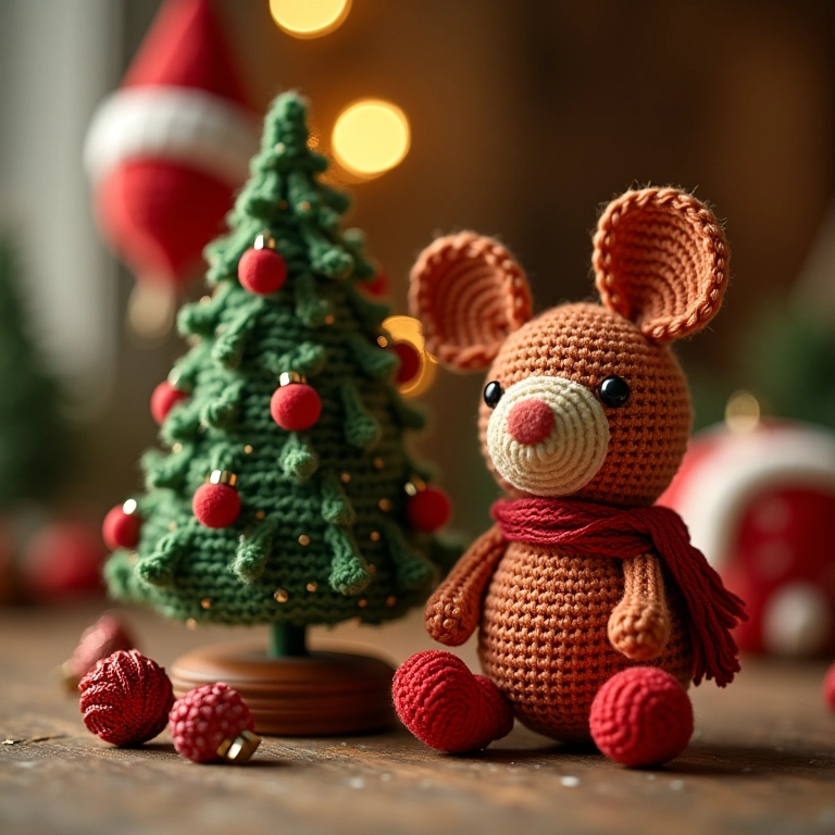 Decoração de Natal em crochê com tema de reciclagem, incluindo enfeites e mini árvore.