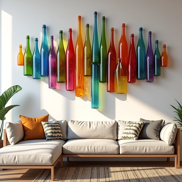 Decoração de parede colorida feita com garrafas recicladas em sala de estar boêmia.