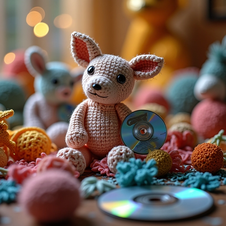 Decorações de amigurumi com CDs e DVDs velhos.