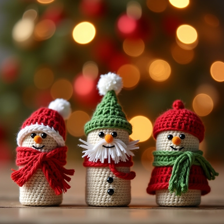 Decorações de Natal sustentáveis de crochê e rolo de papel.