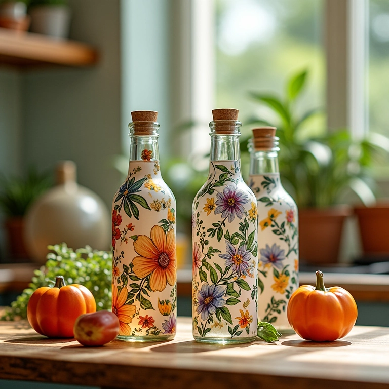 Decoupage detalhado em garrafas de vidro com motivos florais.
