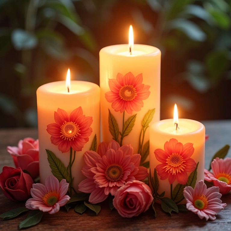 Desenhos florais detalhados em velas.