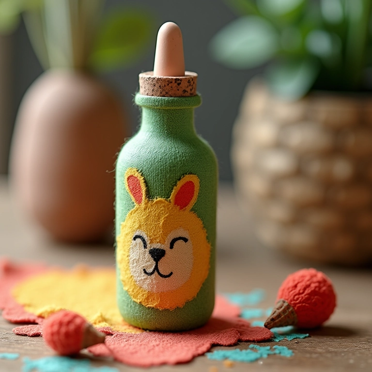 Detalhe da cola para decoupage em amigurumi de garrafa.