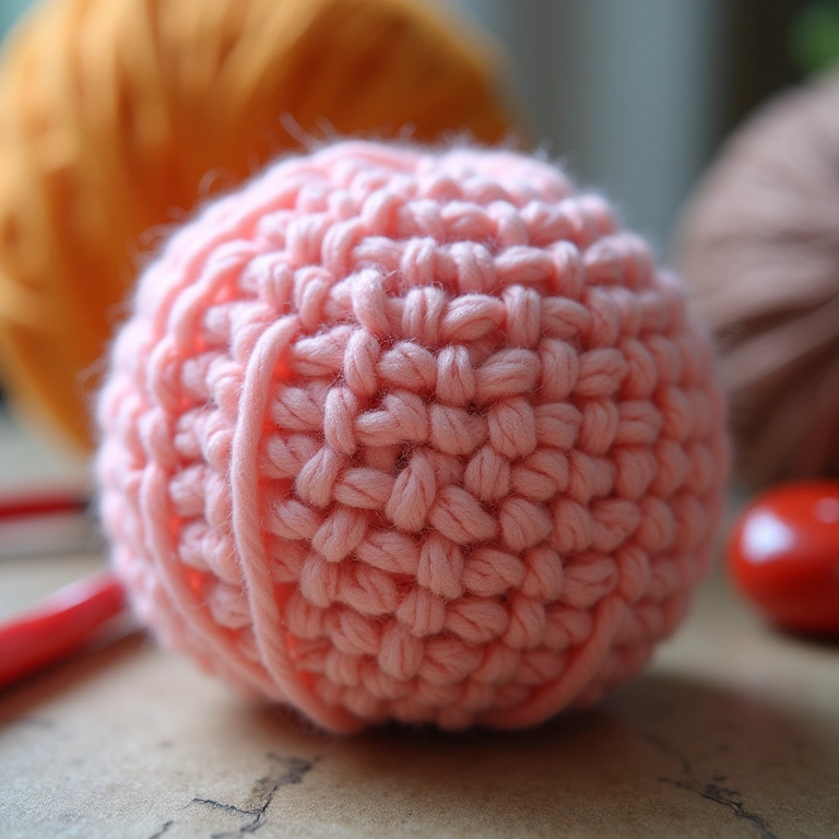 Detalhe da textura do crochê em puff redondo amigurumi.