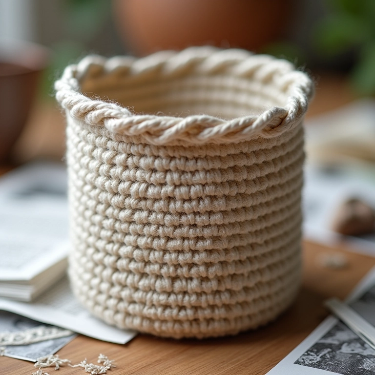 Detalhe da textura do crochê em um cesto de jornal de amigurumi.