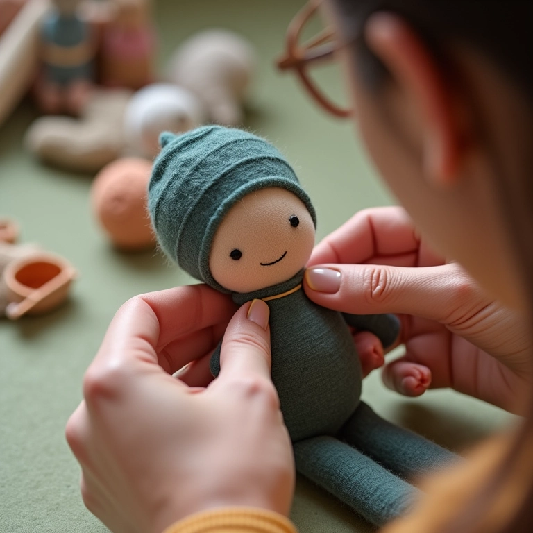Detalhe das mãos costurando uma boneca de crochê à mão.