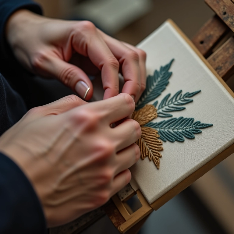 Detalhe das mãos criando ponto atrás em uma tela, com foco na precisão e nos contornos perfeitos.