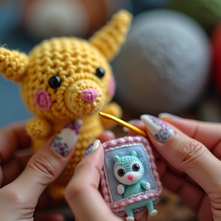 Detalhe de agulha de crochê e porta-retrato amigurumi.