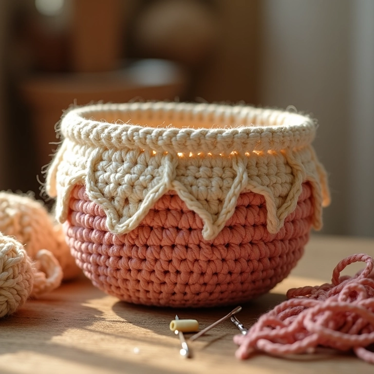 Detalhe de cesto de crochê com base de MDF mostrando a estrutura interna.