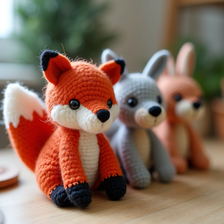 Detalhe de guirlanda de feltro amigurumi com raposa, urso e coelho de crochê.
