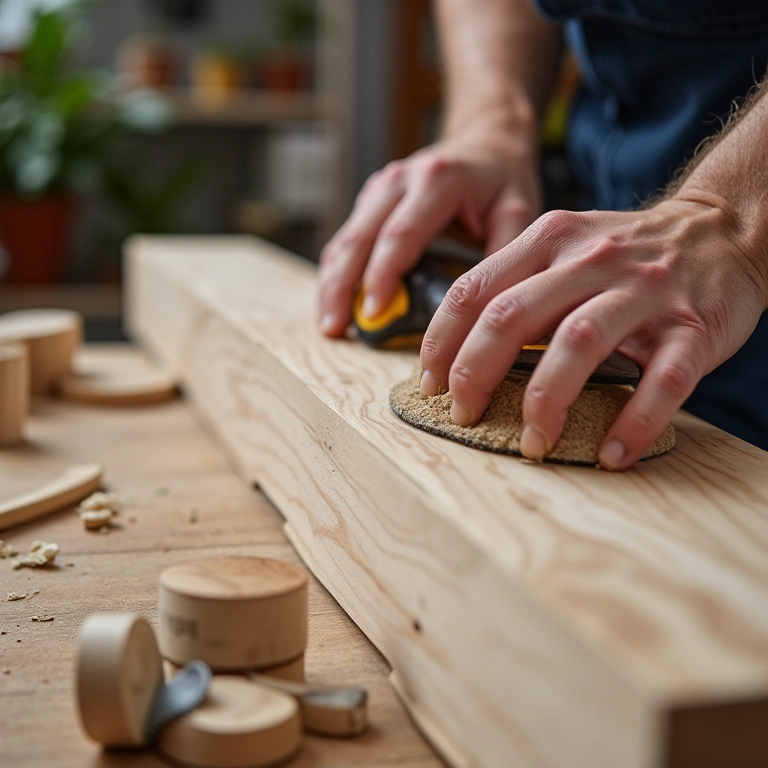 Detalhe de mãos lixando caixote de madeira para projeto DIY de estante.